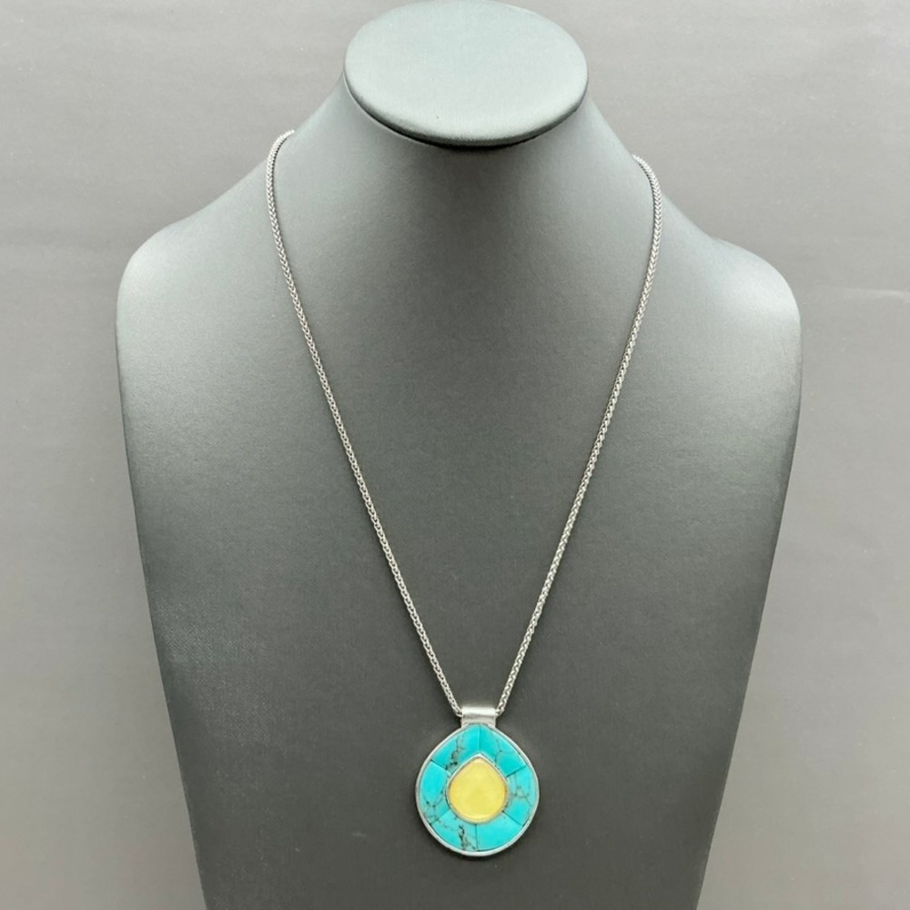 Pendant Necklace Women Turquoise Yellow Teardrop Inlay Adjustable Wheat Chain